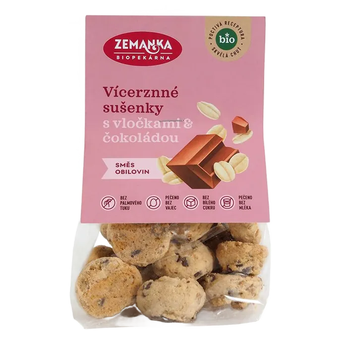 Biopekárna Zemanka Vícezrnné bio sušenky s vločkami a čokoládou 100g BIO